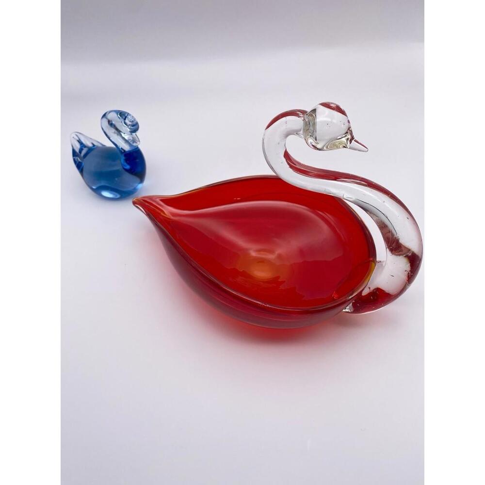 1960’s Ruby Art Glass Bird, Blue Blown Glass Swan Dish TRINKET Ardco MCM Glass